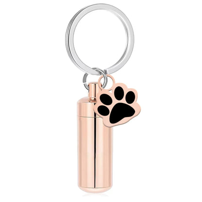 Haustier-Urnen-Schlüsselanhänger, Pfotenabdruck, Zylinder-Urnen-Anhänger, Schlüsselanhänger für Hunde, Asche, Welpen, Kätzchen, Asche, Andenken, Feuerbestattung, Gedenk-Anhänger