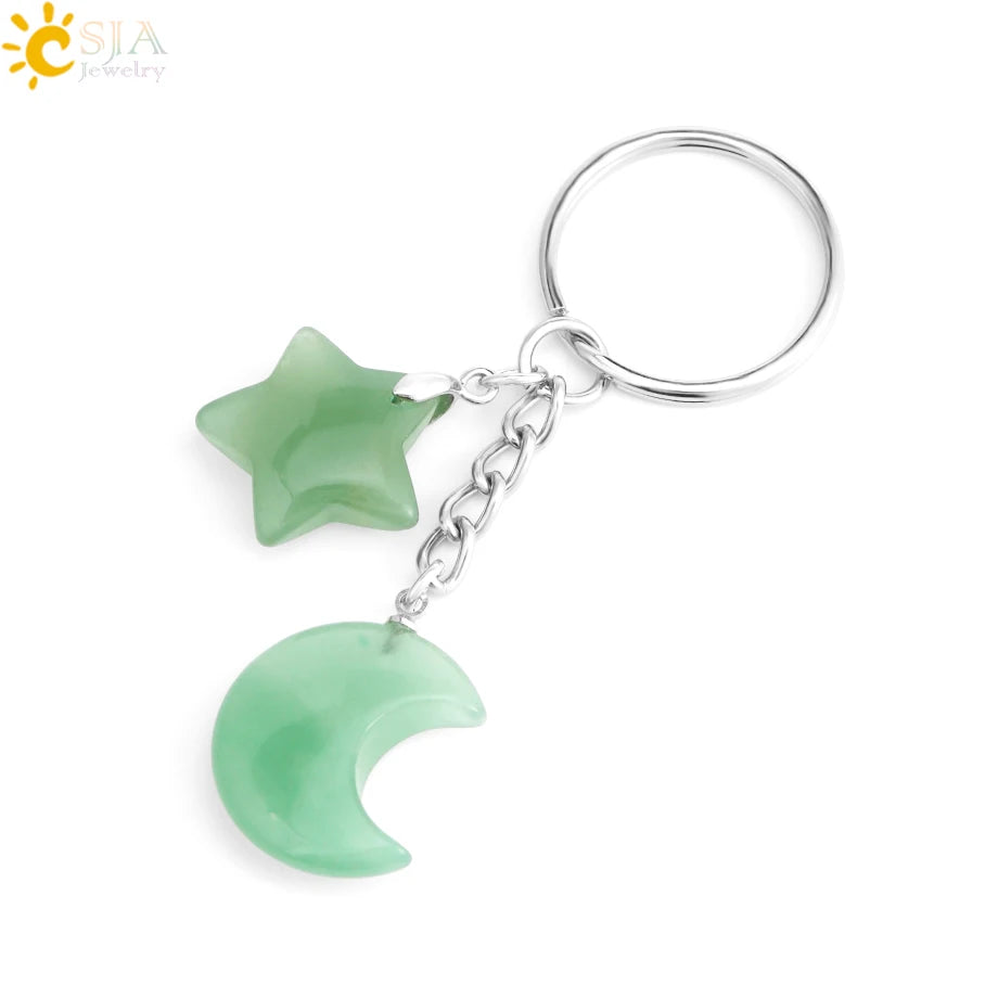 CSJA Healing Naturstein Schlüsselbund Trendy Mond Sterne Charm Bead Anhänger Silber Farbe Halter Schlüssel Ring Auto Schlüssel Ring Tasche Dekor H368