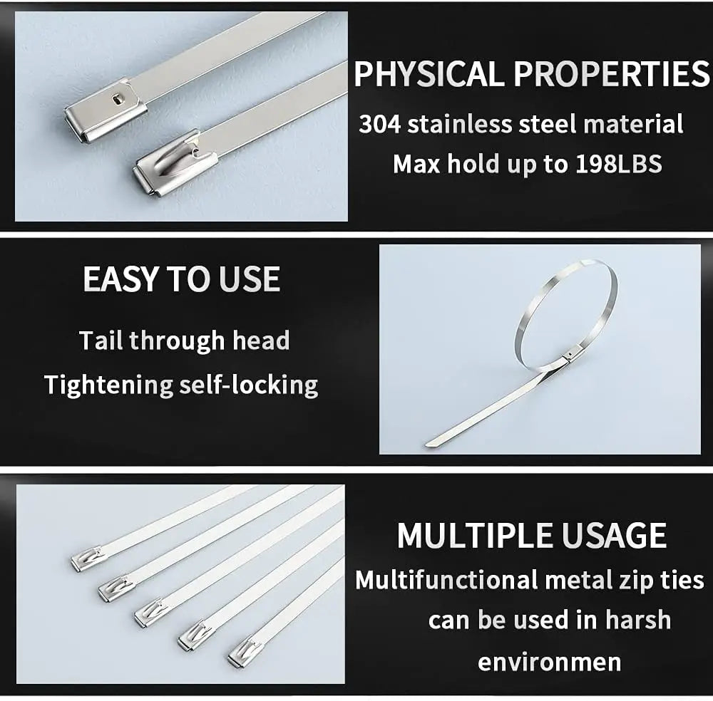 100 Stück 4,6 mm 7,9 mm 304 Edelstahl Metallkabelbinder Multifunktionale selbstsichernde Kabelbinder Reißverschluss-Auspufffolie beschichtete Verriegelung