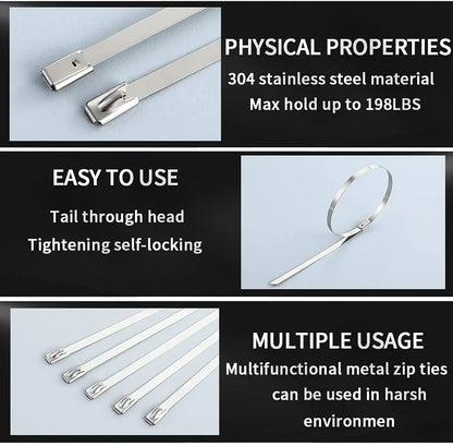 100 Stück 4,6 mm 7,9 mm 304 Edelstahl Metallkabelbinder Multifunktionale selbstsichernde Kabelbinder Reißverschluss-Auspufffolie beschichtete Verriegelung
