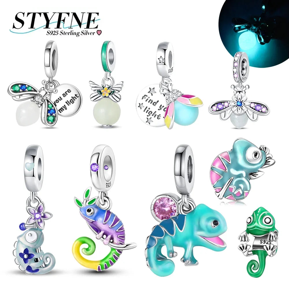 925er Sterlingsilber, Farbe, Glühwürmchen, Chamäleon, Schmetterling, leuchtende Charms, Perlen, passend für Original-Armbänder, DIY-Schmuck, Geschenk