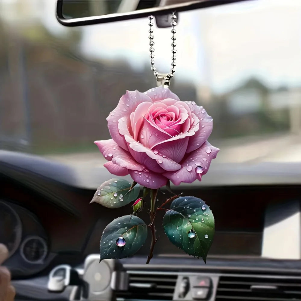 Schicker rosa Rosen-Acryl-Anhänger, vielseitiger Charme, bezaubernder Blumen-Schlüsselanhänger für Autospiegel, Rucksack, Zuhause, festliche Party, Geschenk und Dekoration