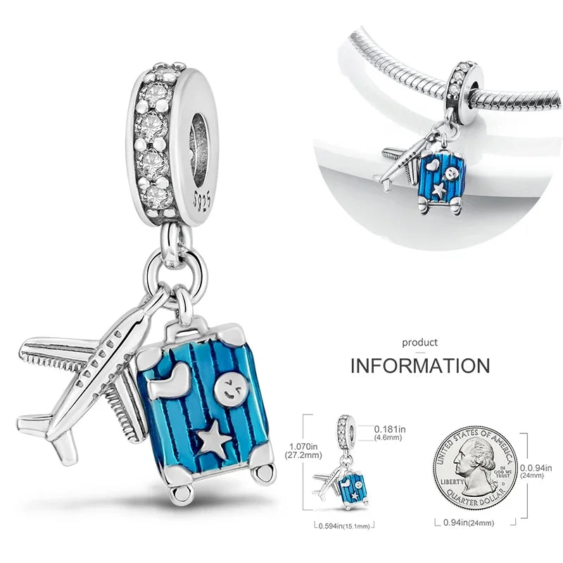 Reisepass-Charms aus 925er-Sterlingsilber, passend für Original-Armbänder, DIY-Flugzeug-Erde-Perlen für die Schmuckherstellung als Geschenk