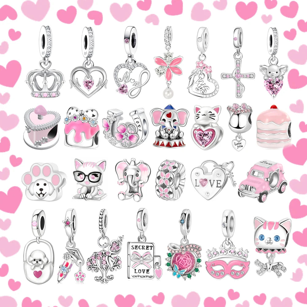 Charm-Anhänger aus 925er-Sterlingsilber mit Oktopusperlen und Stammbaum und Herz, passend für Schlangenarmband, Boutique-Halskette, rosa Anhänger, Geschenk