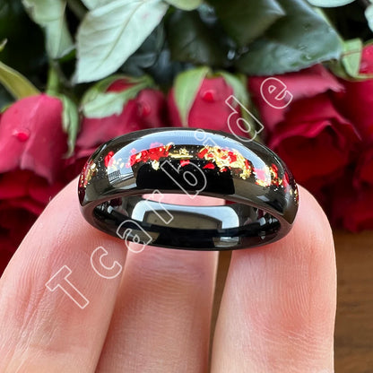 Dropshipping 6mm 8mm 18k Gold Farbe Kuppel Ehering Schöner Wolframkarbid Ring mit roter und Goldfolieninlage Comfort Fit