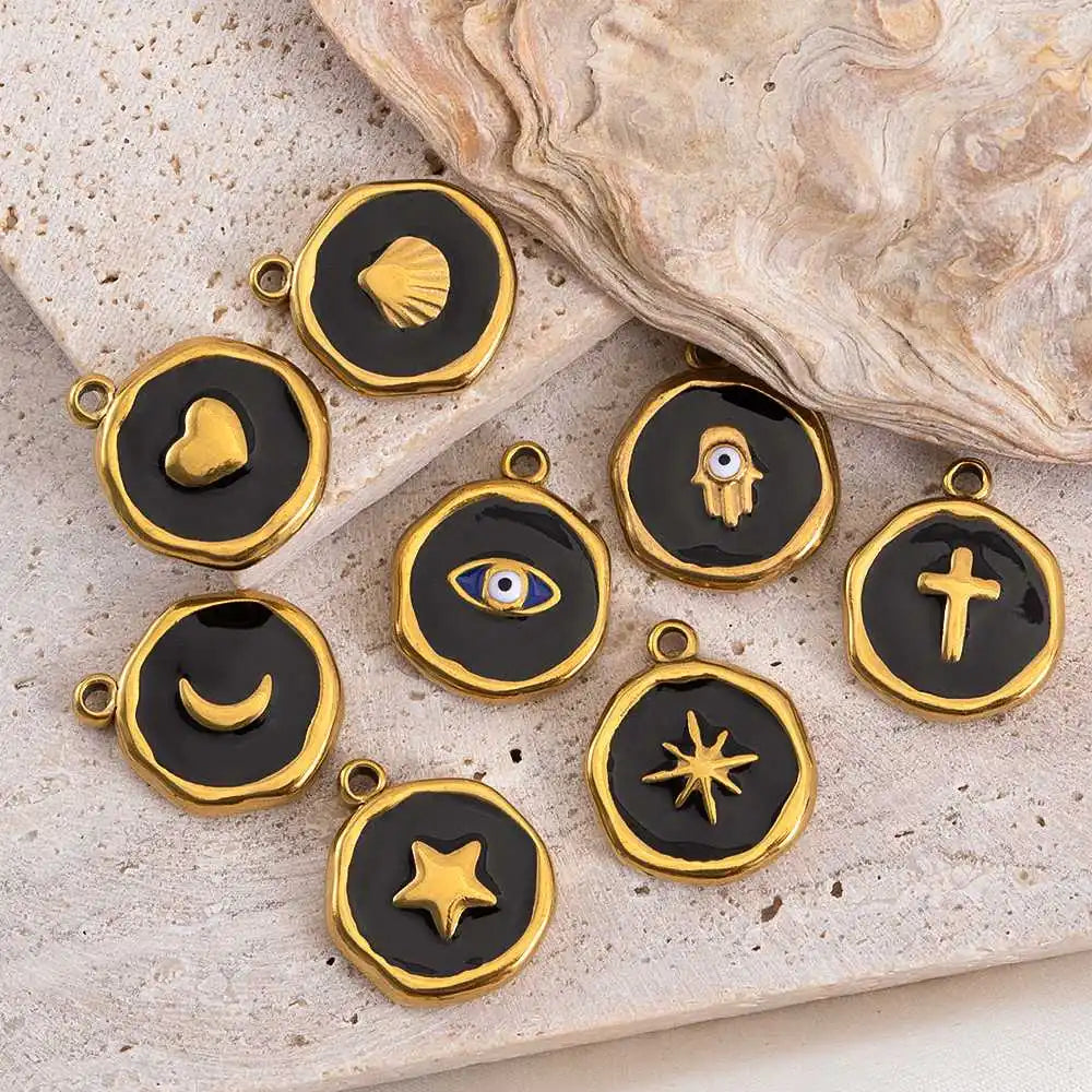 8 Stück Edelstahl Lila Rosa Emaille Herz Auge Sonne Mond Runde Anhänger für DIY Armband Ohrring Halskette Schmuckzubehör