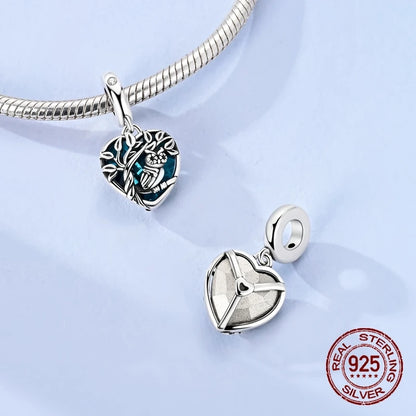 Charm-Anhänger aus 925er-Sterlingsilber mit Herzrahmen, Eule und Baum, blauer Zirkon, eingelegte passende Armbänder, süßer Schmuck, Geschenk für Frauen