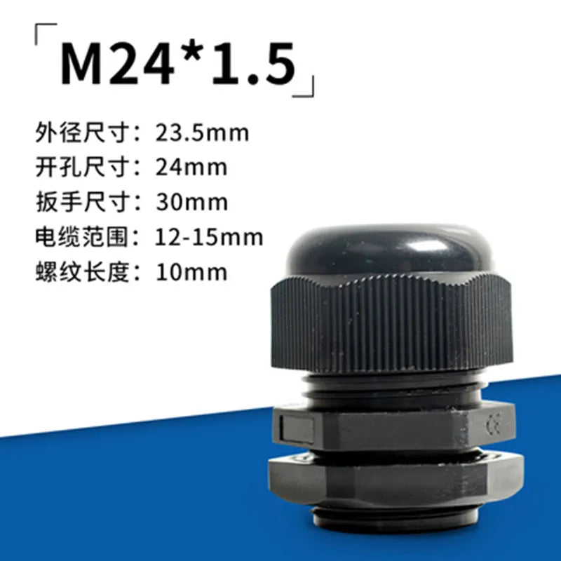 Schwarzes Nylon-Elektrokabel, wasserdicht, M10, M12, M14, M16, M18, M20, M22, M24, M25 x 1,5 mm, Kabelverschraubung x 20