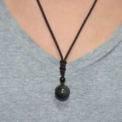 Halsketten und Anhänger aus Naturstein für Damen und Herren, schwarzer Obsidian, Regenbogenaugenperlen, Kugeltransfer, Lucky Love