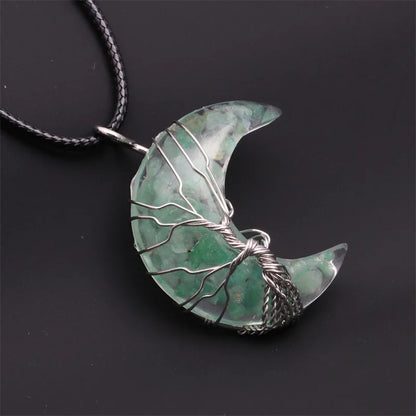 Natürliche Kristall Mond Anhänger Halskette Baum des Lebens Amethyst Reiki poliert Mineral Schmuck Heilstein für Männer Frauen Schmuck