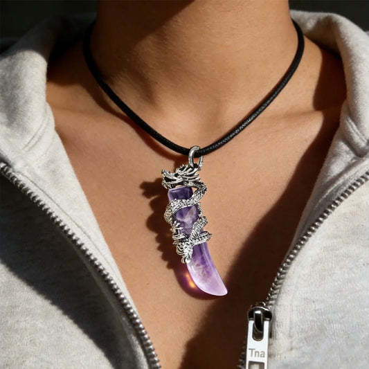 Vintage Herren Kristall-Halskette Drachen Naturstein Rosa Quarz Obsidian Amethyst Anhänger Edelstahl-Halsketten Amulett
