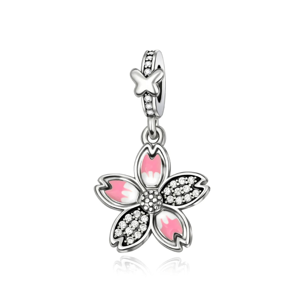 Bunter Schmetterlingsanhänger aus 925er-Sterlingsilber mit Blumen, Perlen, Käfer und Marienkäfer, passend für Armbänder, exquisite Anhänger-Geschenke