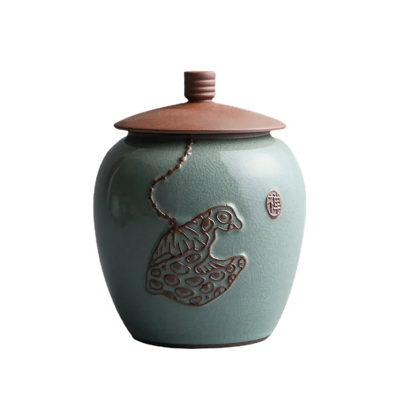 Hand-carved lotus celadon ash pet urn, dog and cat cremation urns, ceramic urns, sealed jar, funeral memorial art, large size