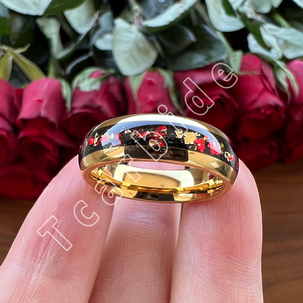 Dropshipping 6mm 8mm 18k Gold Farbe Kuppel Ehering Schöner Wolframkarbid Ring mit roter und Goldfolieninlage Comfort Fit