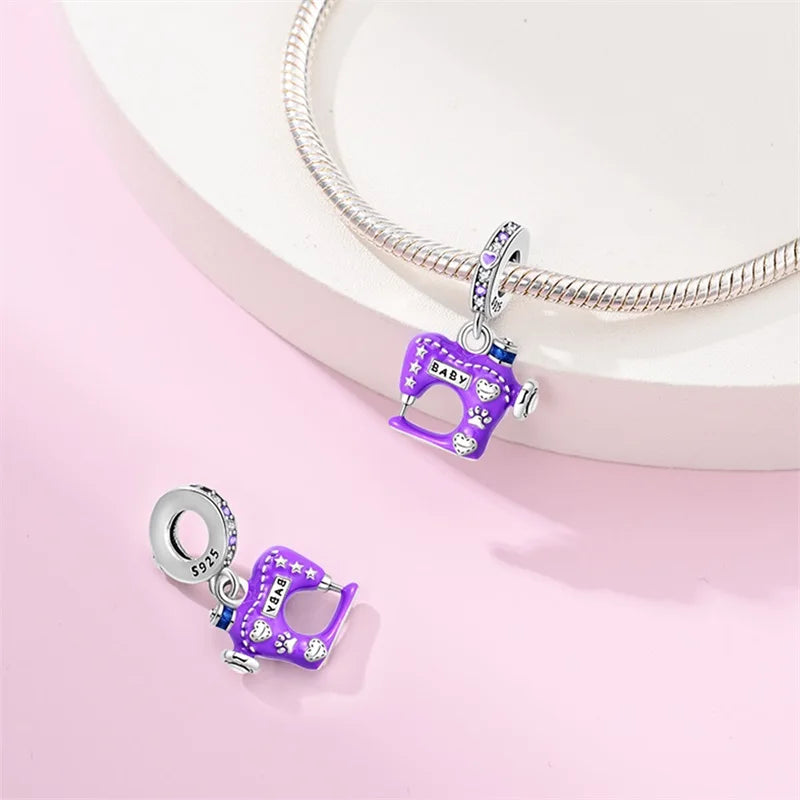 Original 925 Sterling Silber Nähmaschine Schere Charms Perle eingelegt rosa Zirkonium Anhänger passen Armband Schmuck Liebhaber Geschenk