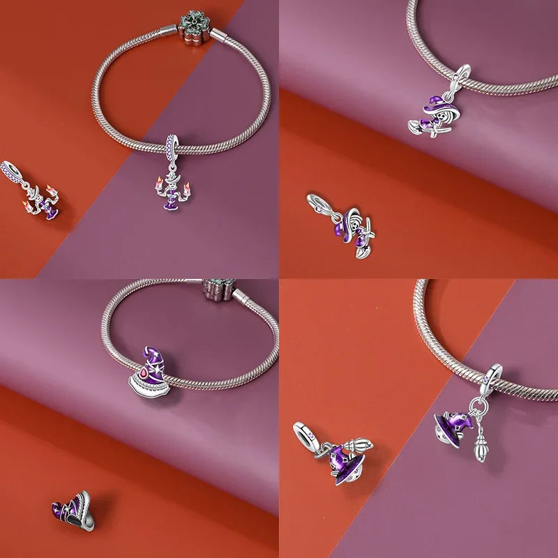Silber 925 lila fliegender Hexenhut und Zauberbuch-Charms, Perlen, passend für Original-Armbänder, DIY-Halloween-Charm für Frauen, Schmuck, Geschenke