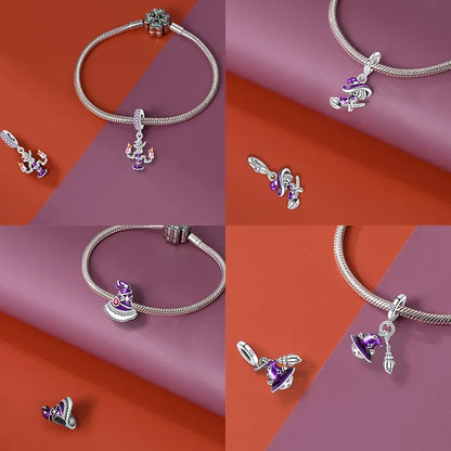 Silber 925 lila fliegender Hexenhut und Zauberbuch-Charms, Perlen, passend für Original-Armbänder, DIY-Halloween-Charm für Frauen, Schmuck, Geschenke