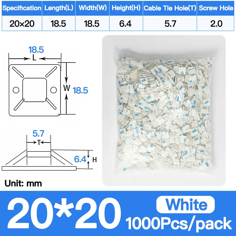 250/500/1000 Stück Kabelbinderhalterungen, langlebige Clip-Klemme, Wandhalter, Basis, selbstklebende Rückseite, Kabelbinder, Halterung, Kabel, Draht