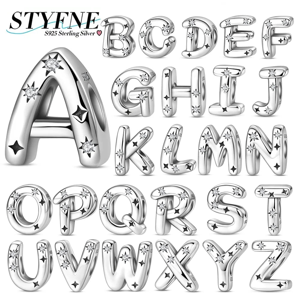 Charms aus 925er Silber, Buchstaben-Serie, Sternenlicht-Buchstaben, glänzende Zirkon-Perlen, passend für Armbänder, Zubehör, Schmuckherstellung, edler Schmuck, Geschenk