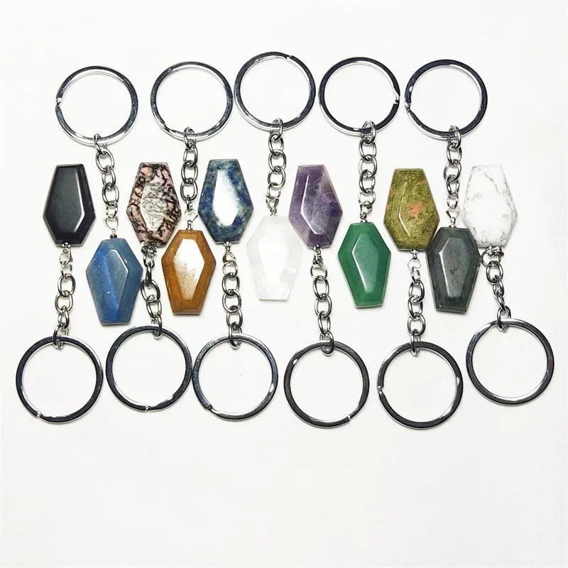 10 stücke Sarg Form Glück Natürliche Stein Schlüssel Ringe Quarz Kristall Achate Schlüsselanhänger Anhänger Schmuck Groß
