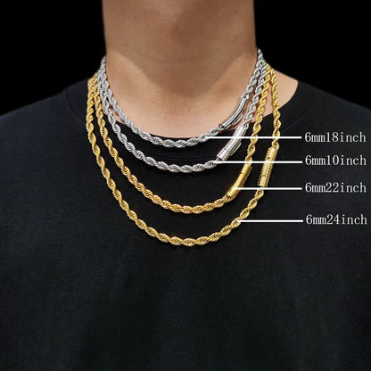 6mm Seil Kette Halskette Edelstahl Nie Verblassen Wasserdicht Halsband Männer Frauen Schmuck Gold Farbe Ketten Geschenk