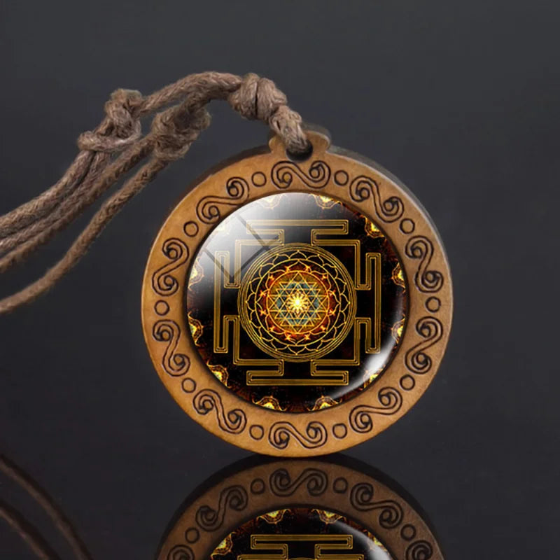 Mandala glass necklace, retro art, wooden pendant, Buddhist sacred geometry, jewelry, spiritual yoga gift