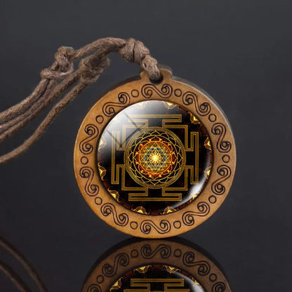 Mandala glass necklace, retro art, wooden pendant, Buddhist sacred geometry, jewelry, spiritual yoga gift
