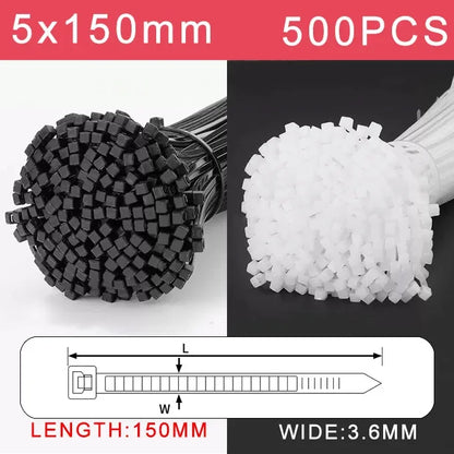 250/500/1000 Stück selbstsichernde weiße schwarze Kunststoff-Nylon-Kabelbinder, Befestigungsring, Nylon-Klemmband mit Schloss, 3 x 100, 4 x 300 mm