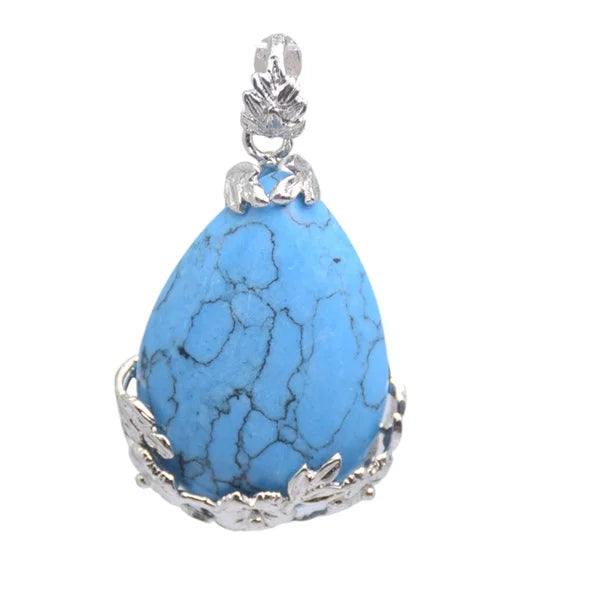 Damen-Naturstein, lila Kristall, Aventurin, Opal, Karneol, Onyx, Rosenquarz, Lapislazuli, Tropfenform, eingelegter Blumenanhänger aus Metall