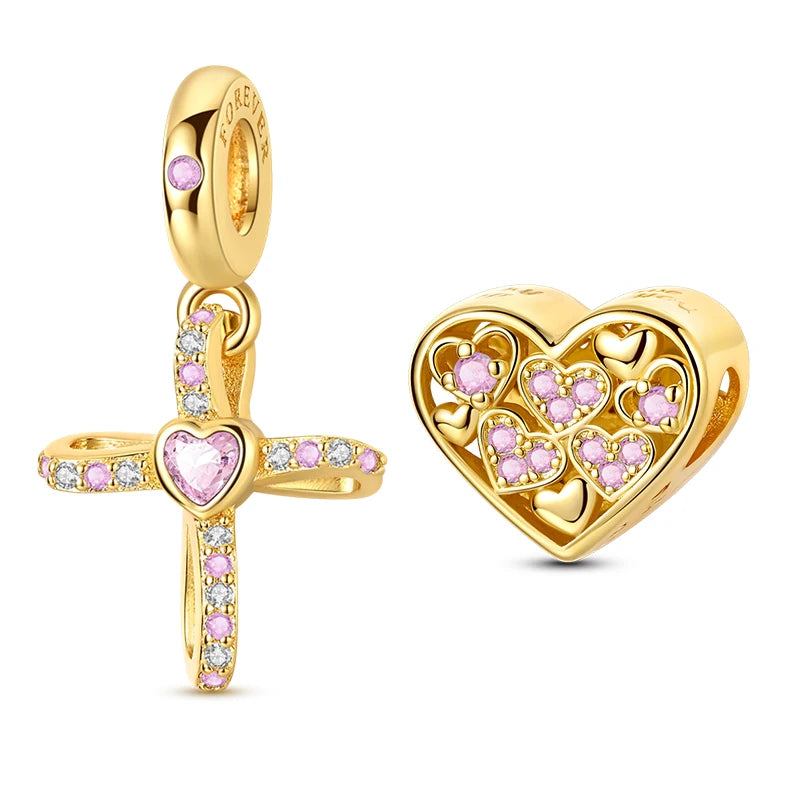 Goldfarbene Charms aus 925er Sterlingsilber, original goldene Sicherheitskette, runder Abstandshalter-Clip-Charm, DIY-Schmuck für Damen, Armband, Geschenk