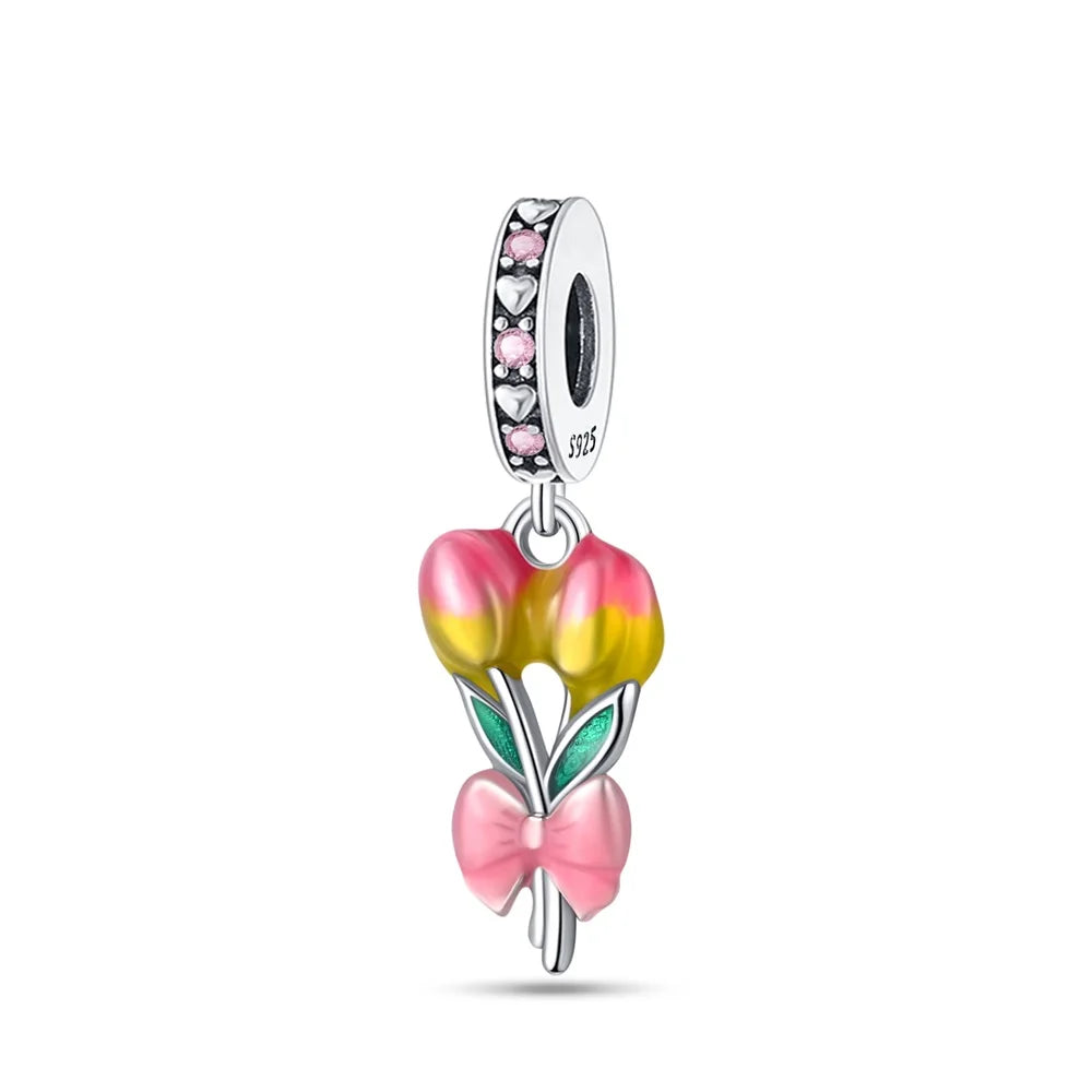 Bunter Schmetterlingsanhänger aus 925er-Sterlingsilber mit Blumen, Perlen, Käfer und Marienkäfer, passend für Armbänder, exquisite Anhänger-Geschenke