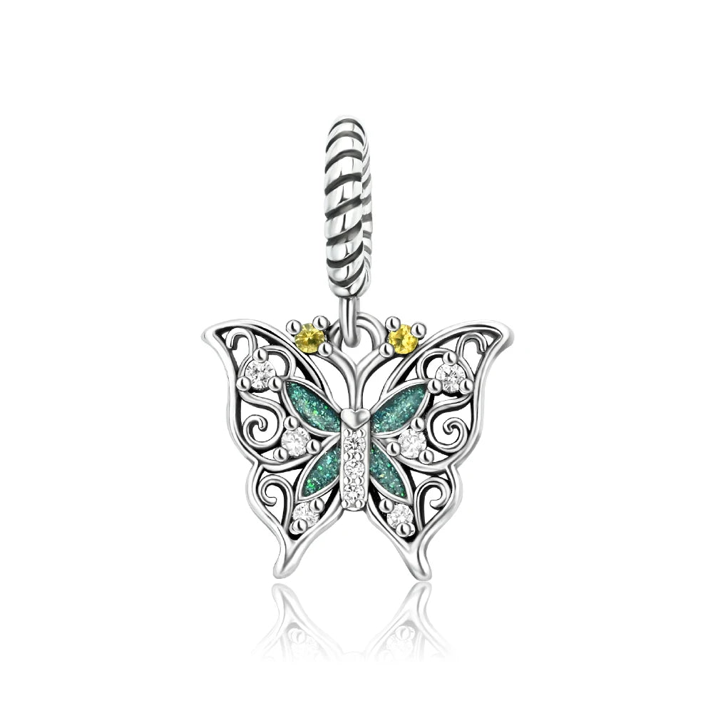 Glänzende Schmetterlingsanhänger aus 925er-Sterlingsilber mit flatternder Dunkelheit, passend für DIY-Armbänder, Halsketten, romantisches Geschenk, Paarung