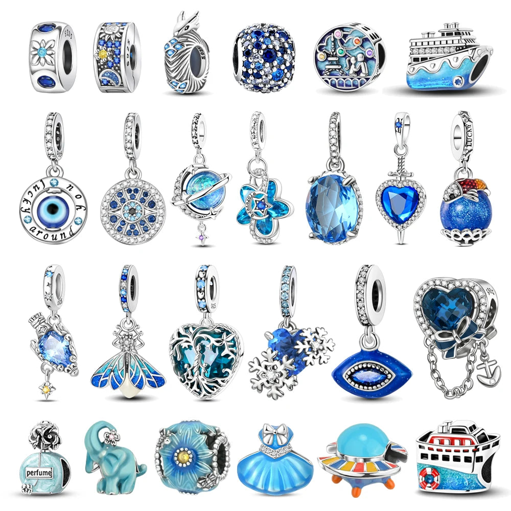 Blue Series Charm-Anhänger aus 925er-Sterlingsilber, Saphir, Baum des Lebens, Flasche, Elefant, Planet, Ozean, Herz, passend für DIY-Armbänder, Halsketten, Geschenke