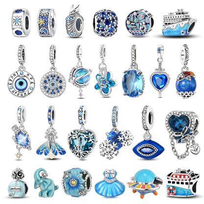 Blue Series Charm-Anhänger aus 925er-Sterlingsilber, Saphir, Baum des Lebens, Flasche, Elefant, Planet, Ozean, Herz, passend für DIY-Armbänder, Halsketten, Geschenke