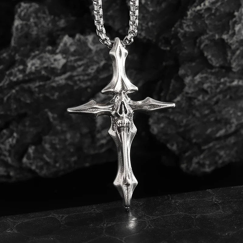 Vintage Gothic Totenkopf Jesus Kreuz Anhänger Halskette Katholischer Schmuck für Männer Punk Religiöse Amulett Halskette