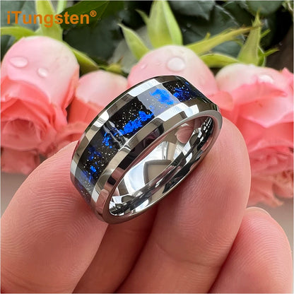 iTungsten 8 mm schwarze/silberne Wolfram-Eheringe für Männer und Frauen mit blauen Folien, abgeschrägte Kanten, polnisch, glänzend, bequeme Passform