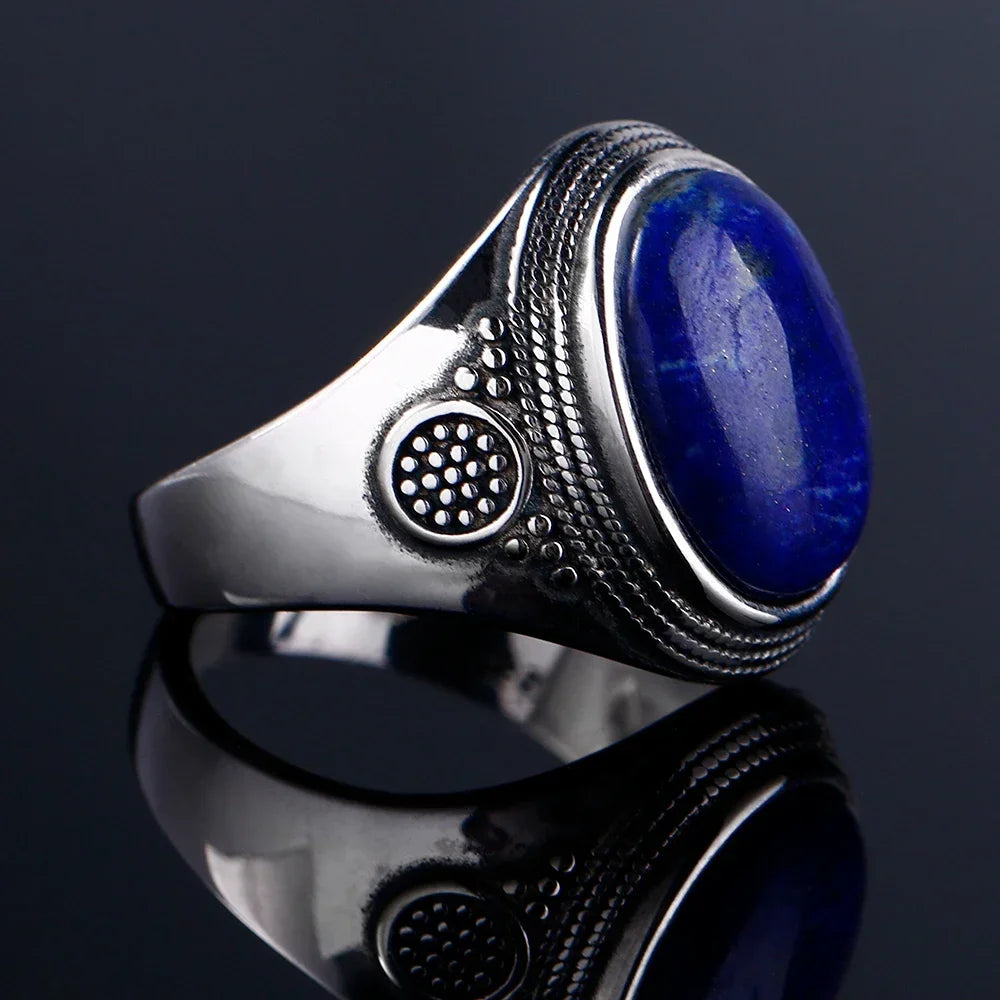 Silber S925 Ring Natürliche Große Oval Lapis Ringe für Männer Frauen Retro Luxus Edlen Schmuck Party Jahrestag Geschenk