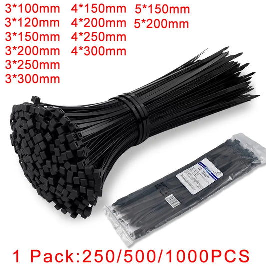 250/500/1000 Stück schwarze selbstsichernde Kunststoff-Nylon-Kabelbinder 3 x 100 3 x 150 4 x 200 Befestigungsring Nylon-Klemmband mit Schloss