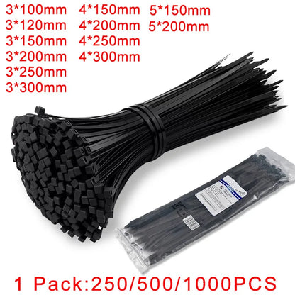 250/500/1000 Stück schwarze selbstsichernde Kunststoff-Nylon-Kabelbinder 3 x 100 3 x 150 4 x 200 Befestigungsring Nylon-Klemmband mit Schloss