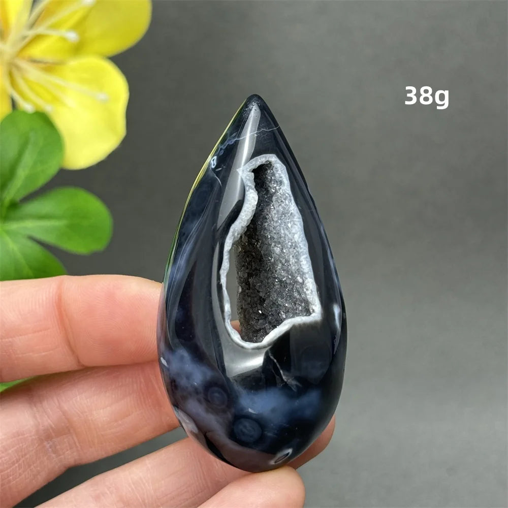 Natürlicher schwarzer Achat, Kristallloch, eiförmiger Kristall, Heilung, spirituelle Meditation, Mineralquarz, Aura, Energie, Heimdekoration