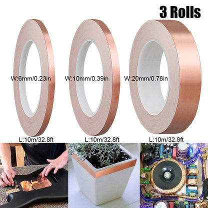 3 Rollen Kupferfolienband, selbstklebend, einseitig, leitende Schnecke, EMI-Abschirmung, DIY-Schaltung, elektrische Reparaturbänder
