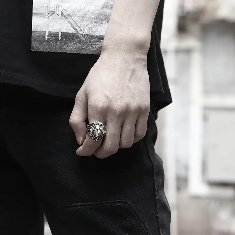 Retro Löwenkopf Großer Ring Für Männer Silber Farbe Punk Gothic Offener Ring Handgemachten Schmuck Rock Hiphop Biker Zubehör Mann Geschenk