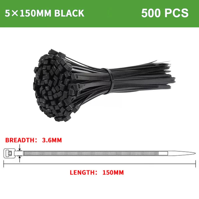 250 Stück selbstsichernder Kunststoff-Nylon-Kabelbinder, schwarz, 5 x 300 Kabelbinder, 8 x 200 mm, Befestigungsring, Kabelbinder, Reißverschluss, Wraps, Riemen, Nylon-Kabelbinder-Set