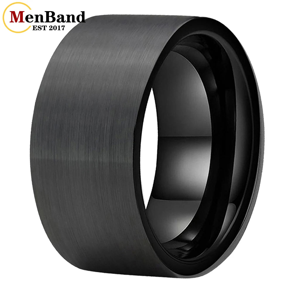MenBand 10 mm 12 mm großer Herrenring, schwarzer Wolfram-Ehering, flaches Band und gebürstete Oberfläche, bequeme Passform