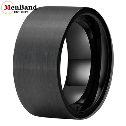 MenBand 10 mm 12 mm großer Herrenring, schwarzer Wolfram-Ehering, flaches Band und gebürstete Oberfläche, bequeme Passform