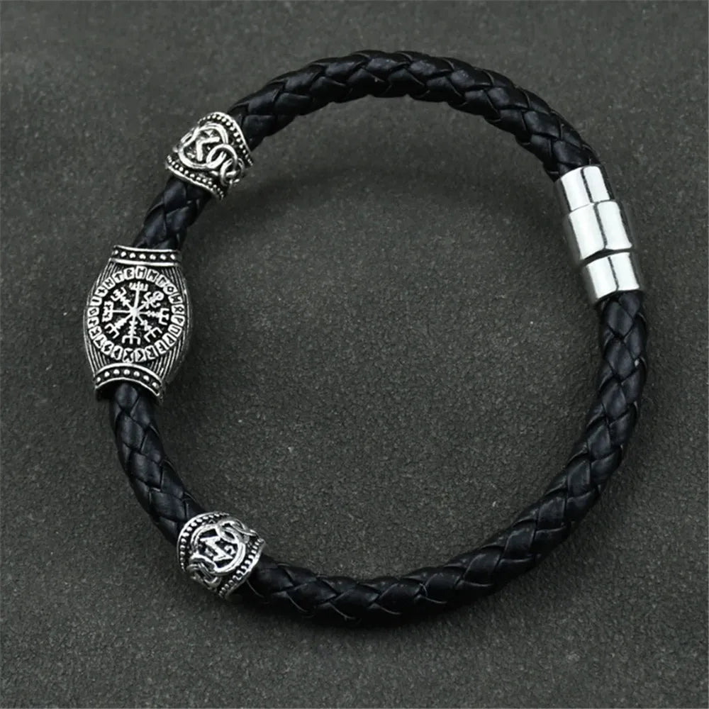 Mkendn Wikinger Accessoires Runen Perlen DIY Schmuck Herren Damen Wikinger Leder Armreifen mit Charms Bart Perlen