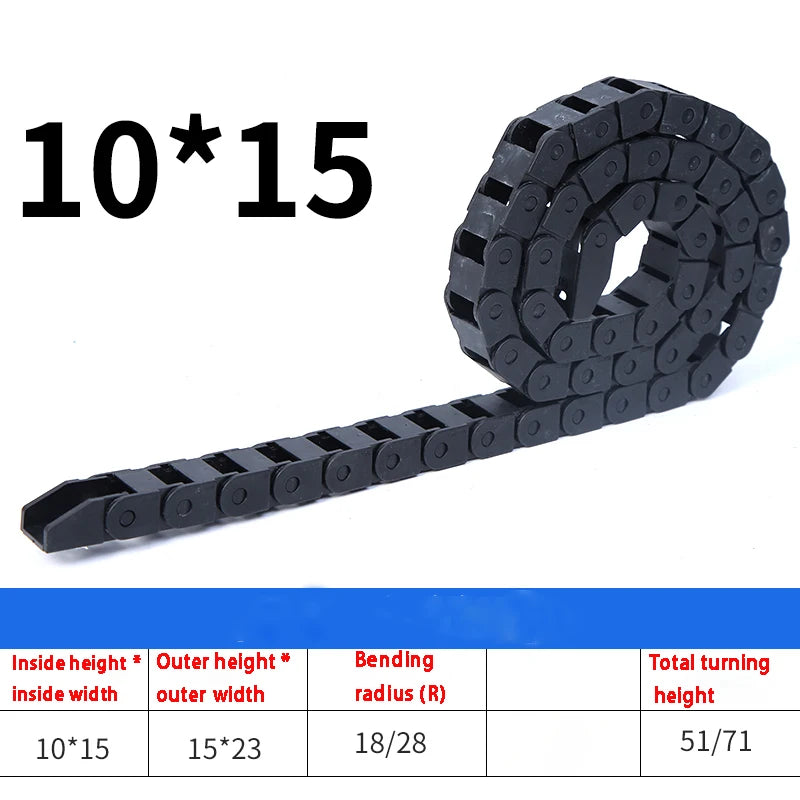 1 Meter halbgeschlossene Nylon-Kabelschleppkette, 10 x 10 mm, 10 x 15 mm, Kunststoff-Schleppleinen-Drahtträger für CNC-Route-Übertragung