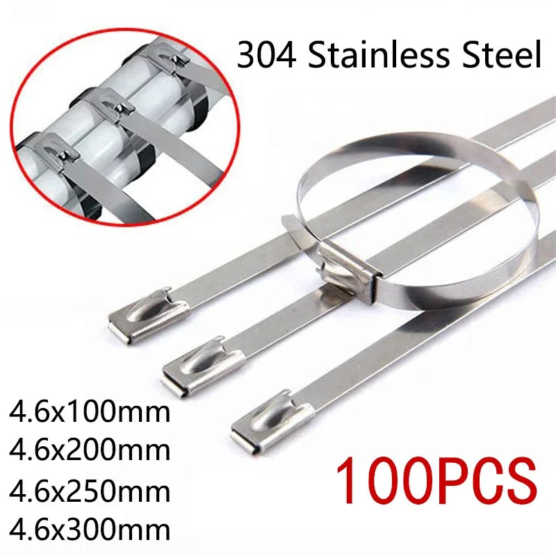 100 Stück 304 # Edelstahl-Kabelbinder Hochbelastbare Selbstverriegelnde Kabelbinder Mehrzweck-Metall-Auspuff-Umwicklung Verriegelungsbinder