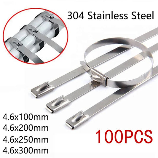 100 Stück 304 # Edelstahl-Kabelbinder Hochbelastbare Selbstverriegelnde Kabelbinder Mehrzweck-Metall-Auspuff-Umwicklung Verriegelungsbinder