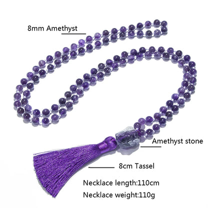 8mm Natürliche Amethyst-Perlenkette mit 108 Mala-Perlen, Geknotete Meditations-Yoga-Gebetskette mit Großer Stein-Guru-Perle, Schmuck